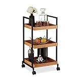 Relaxdays Servierwagen, moderner Küchentrolley, & Eisen, 3 Böden, quadratisch, 4 Rollen, 69,5 x 37 x 34 cm, natur, Hellbraun, Schwarz