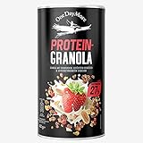 OneDayMore Protein Granola | 450g Viele Früchte Haferflocken Müsli | Vegan Fit Muesli Essen 27,3g Eiweiss Frühstück 100% Natürlich | Kakao Erdbeeren Ohne Zucker Musli