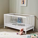 Kids Collective Babybett Kinderbett Gitterbett 60x120 höhenverstellbar & herausnehmbare Sprossen, optional mit Schublade und Matratze | Buchenholz Weiss sehr stabil Made in Europe