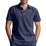 Polohemd Herren Kurzarm Leinenhemd Revers Kragen Henley Shirts Einfarbige Sommerhemd Locker Luftig Oberteil Männer Regular Fit Freizeithemd Casual Leichte Sweahemd Mit Taschen