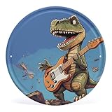 FZQVSGW Dinosaurier-Wandkunst mit Gitarre, Eisenbild, kreisförmiges Veranda-Dekor, Bauernhaus-Metall-Bild, moderne Metall-Wanddekoration für Zuhause, Wand, Badezimmer, Dekoration, 30 x 30 cm