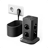 TESSAN Mehrfachsteckdose mit USB C und 3 USB A, Verlängerungskabel 10 Meter, Steckdosenleiste Überspannungsschutz, Mehrfachstecker 3600W, Steckdosenturm Verteilersteckdose für Zuhause, Schwarz