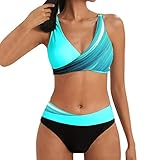 SHINEHUA Damen Bikini Set Wickeloptik Lace Up Bikini Set Neckholder Bikini Oberteil High Waist Wickel Bikinihose Tiefer V Ausschnitt Sportlich Zweiteiliger Strandbikini (R1-Light Blue, M)
