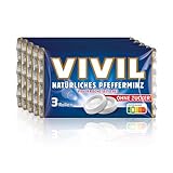 VIVIL Rollen Natürliches Pfefferminz ohne Zucker, 5 x 3er Pack, frische Pastillen mit Pfefferminzgeschmack, zuckerfrei & vegan, 15 x 28g