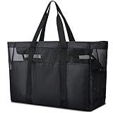 Lubardy Strandtasche XXL Familie mit Reißverschluss Strandtasche Damen Groß Mesh Beach Bag Shopper Faltbare Schultertaschen Badetasche für Strand Reise Spielzeugaufbewahrung Fitnessstudio Schwarz