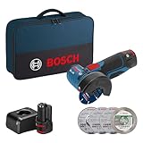 Bosch Professional 12V System Akku Winkelschleifer GWS 12V-76 (inkl. 2x 2.0Ah Akku, 5tlg. Trenn- und Schleifscheiben-Set, Tasche)