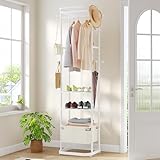 Hzuaneri Garderobenständer, Kleiderständer mit Großer Aufbewahrungskorb, Garderob mit 3 Ablagen & 11 Haken, 40 x 44,5 x 182 cm, für Schlafzimmer, Flur, Eingangsbereich, Wohnzimmer, Weiß