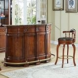 interoknack Classic Home Barthekentisch-Set mit 2 Barhockern, Walnussholz, graue Marmorplatte, Messing-Fußstütze, traditioneller Stil, 175 x 59 x 100 cm