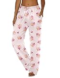 Ekouaer Schlafanzughose Damen Lang Pyjamahose Karierte Schlafhose Weich Pajama Pants für Frauen, Teddybär Rosa M