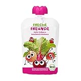 FRECHE FREUNDE Bio Quetschie Apfel, Rote Bete, Erdbeere & Himbeere, Fruchtmus im Quetschbeutel für Babys ab 1. Jahr, glutenfrei und vegan, 6er Pack (6 x 100 g)