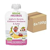 FRECHE FREUNDE Bio Quetschie, Banane, Erdbeere, Himbeere & Apfel, Fruchtmus mit Joghurt im Quetschbeutel für Babys ab 1 Jahr, 6 x 100g