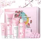 Badeset Frauen Geschenk, 8tlg Sakura Bade Geschenkset für Frauens, Sakura Körperpflegesets, Spa Set, Pflegeset Damen mit Duschgel, Badesalz, Bodylotion, Handmaske, Seifenblätter, Handcreme