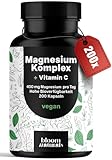 Magnesium Komplex hochdosiert - 200 Kapseln - 400 mg Magnesium pro Tag + Vitamin C, mit Bisglycinat, Citrat, Oxid, L-Ascorbat, Malat, vegan & produziert in Deutschland