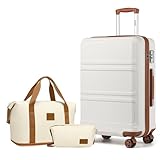 KONO Suitcase Travel Set Hartschale Medium 24 Zoll Koffer mit TSA Lock Leichtes Gepäck Sets von 3 Stück enthalten 1pcs Duffle Bag und 1pcs Kulturbeutel, Creme Weiß