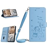 Kainevy Handyhülle für iPhone 14 Plus Hülle mit Band Kartenfach Standfunktion, Magnet Schnalle Klapphülle Brieftasche PU Leder Stoßfest Schutzhülle Flip Süße Katze Case Lila (Blau)