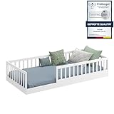 CADANI Timi 2in1 Bodenbett 90x200 cm Montessori Kinderbett mit abnehmbaren Rausfallschutz inkl. Lattenrost, Kiefer Massivholz, weiß - 3 Aufbauvarianten, bis 200 kg belastbar, umbaubar