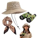 Crunier Frauen Safari Kostüm,Faltbare Sonnenhut,Safari Kostüm Damen mit Boonie Hut,Teleskop,Nackenband,Kostüm des Archäologen, für Themenpartys, Fasching Karneval,Halloween