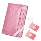 SparkleJoy Leder Reisepasshülle mit RFID-Blocker und Legierungen Kofferanhänger Set,Passport Hülle, Passport Cover,Ausweismappe，Reisezubehör，Urlaub Must Haves,für Travel Essentials (Rosa)