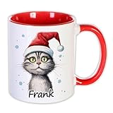 Unikatolo Weihnachtstasse mit Name personalisiert, lustig witziges Wichtelgeschenk Winter-Tasse Kinder Erwachsene rot weiß Glühwein-Becher Nikolaus Wichteln kleine Geschenkidee niedlich (Katze 2)