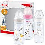 NUK First Choice+ Babyflasche im Set | 0–6 Monate | Temperature Control Anzeige | 300 ml | Anti-Colic-Ventil | BPA-frei | Trinksauger aus Silikon | 3 Stück | rosa Giraffe