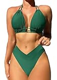 Sangdut Damen Zweiteiliger Bikini Set V Ausschnitt Badeanzug Push Up Shape Bikini Bademode Bauchkontrolle Mit Cups Triangel Bikinihose（Grün，XL）