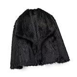 Oshhni Frauen Faux Pelzmantel Offener Front zotteliger warm kurzer schwarzer modischer Wintermantel offen, L