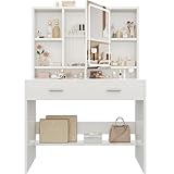 Devoko Schminktisch mit LED-Beleuchtung, Einstellbare Helligkeit, 3 Farben, Frisiertisch mit Spiegel, Schubladen, Offenen Fächern, Schminktisch mit Schmuckablage,90×40cm, Weiß