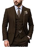 Klassische Herrenanzüge, normale Passform, 3-teilig, Smoking, Tweed, Fischgrätenjacke, Weste, Hose, Hochzeit, Bräutigam, Kaffee, S