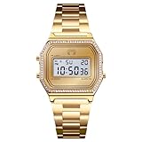 MARLION JEWELS Uhr für Damen. Klassische Armbanduhr für Damen im Vintage-Stil, mit funkelnden Zirkonia-Steinen besetzt, wasserdicht bis 3 ATM. Original Uhr mit hochwertigem Quarzwerk (Vergoldet)