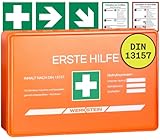 Erste Hilfe Kasten DIN 13157:2021 Small - Inkl. praktischer Wandhalterung, 3x Aufkleber, Gesichtsmasken & Feuchttücher - Verbandskasten DIN 13157 für Betriebe, Einrichtungen & Zuhause Orange