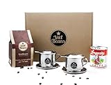 VietBeans Geschenkset 'Frühstück zu zweit' Kaffeegeschenk - 250g gemahlener Traditional + 2 x Edelstahlfilter (Phin) + gez. Kondensmilch - Kaffee Geschenk - Geschenk für Kaffeeliebhaber