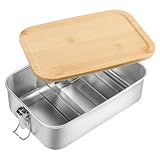 Huerous Edelstahl Brotdose mit Holzdeckel, Bambus Deckel Bento Box mit 2 Fächern, Metalldose mit Holzdeckel, Bento Lunchbox Schule & Ausflüge Lunchbox Schule Arbeit Picknick für Erwachsene(1400ml)