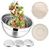 Joyfair Rührschüssel, 4,5 L Edelstahl Salatschüssel Schüssel mit Luftdichten Deckel & Abnehmbarem Deckel, Schüsseln mit 3 Reibenaufsätzen zum Backen/Kochen/Zubereiten, Spülmaschinenfest - Khaki