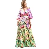 MYLLJBD Kleid Frühlings- Und Sommerkleid Frauen Floral Lose Schultere V-Ausschnitt Langarm Sexy Schlanke Elegante Maxikleid