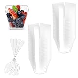 Fousenuk 50 stück dessertgläser mit Löffeln plastik, 2oz/60ML dessertschalen Klare Wiederverwendbar, Quadratischer dessertbecher, desserttassen für Pudding Mousse Eiscreme Geburtstag Hochzeiten