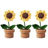 YANGSHINE Künstliche Mini-Topfblumen, handgefertigt, gehäkelt, handgestrickt, Sonnenblume für Büro, Auto, Armaturenbrett, Dekoration, Farbe #6, 3 Stück