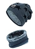 Momoon Dicke Beanie Hut +Schal Set Winter Warmen Schnee Knit Skull Cap für Kinder Jungen Mädchen(Suitable for 6-14, Stern dunkelgrau, one size(fit teenager 6-14)