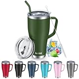 KETIEE 850ml Thermobecher mit Strohhalm und 2 Deckeln, 30oz Kaffeebecher to Go, Doppelwandiger Edelstahl Isolierbecher mit Griff, Autobecher Tumbler Cup für Heißer und Kalter Getränke, Olivgrün