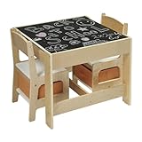 Panana Kindertisch mit 2 Stühlen Sitzgruppe mit Stauraum, 3tlg. Kindersitzgruppe, für Kinder Vorschüler Kindermöbel (Natur), FAMI-FRCFT4PI