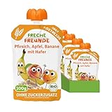 FRECHE FREUNDE Bio Quetschie Pfirsich, Apfel, Banane mit Hafer, Fruchtmus mit Getreide im Quetschbeutel für Babys ab dem 6. Monat, vegan, 6er Pack (6 x 100g)