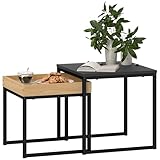 HOMCOM 2er-Set Couchtisch, Eckiger Beistelltisch, Kaffeetisch mit Stahlgestell, Sofatisch im modern Design, für Wohnzimmer, bis 30 kg Belastbar, Schwarz+Eiche