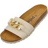 Palado Damen Pantoletten Gozo - bequeme Schuhe mit Kette - modische Sandalen - mit Kork-Fussbett - Sandaletten mit Leder-Laufsohle beige UK6 - EU39