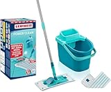 Leifheit Set POWER CLEAN, Wischer für Alle, rückenschonender Bodenwischer mit Reinigungsklingen, Wischtuchpresse, Wischmopp Set mit Eimer und 2x Mikrofaser Wischbezüge für alle Hartböden, Click-System
