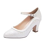 Elegantpark HC1928 Blockasbtz Hochzeit Bequem Hoch Pumps Mary Jane Satin Lace Hochzeitsschuhe Brautschuhe Ivory Gr.38