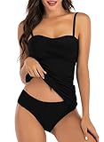 CheChury Damen Tankini Set Bauchweg Badeanzug Push up Bademode Drucken Tankini Set mit Hot Pants Badekleid Gepolstert Sportlich Bikini Sets Triangel Tankinis mit Badeshorts Strandbikini 2PCS,Schwarz,L