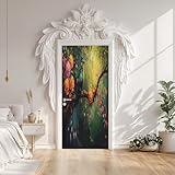 Türaufkleber Pfau, Türtapete Selbstklebend Retro Blumen Vögel, Fototapete Türfolie Poster Tapete, Wasserfest PVC Türposter Deko 77 x 200 cm