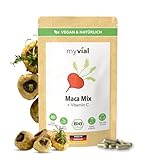 Bio Maca Mix Kapseln Libido Booster Aphrodisiakum mit Bio Vitamin C (Acerola) 120 Stück hochdosiert 503mg pro Kapsel Pulver Mix aus roter gelber schwarzer Maca Wurzel vegan produziert in Deutschland