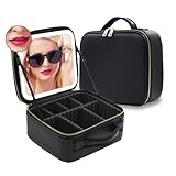 Reise Kosmetiktasche mit LED-Spiegel，Abnehmbare schminkkoffer für Damen，Kosmetik Organizer mit verstellbaren Trennwänden，Make up Organizer，tragbar schminktasche，Schwarze Make up Tasche