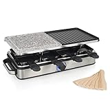 Princess Raclette-Grill Deluxe – mit Stein- & Aluminiumplatte, doppelseitig, 8 Personen, Raclette Pfännchen, 1400 W, Thermostat, Edelstahl, gebürstet, 162635