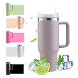 HLDGCX 40oz Thermobecher mit Strohhalm und Henkel, 1200ml Kaffeebecher To Go, Doppelwandiger Edelstahl Vakuum Isolierbecher mit Deckel, Tragbarer Autobecher für Heißer & Kalter Getränke - Lila